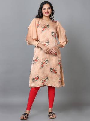 Hassu's women peach 3/4 sleeve crepe printed straight knee length kurta 1