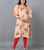 Hassu's women peach 3/4 sleeve crepe printed straight knee length kurta