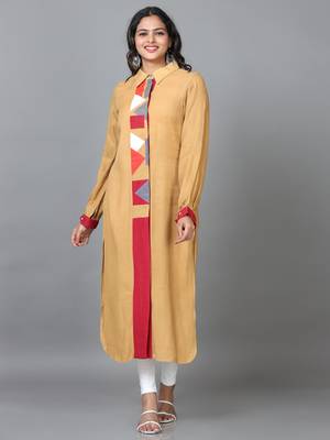 Hassu's women gold full sleeve rayon solid straight calf length kurta 1