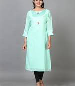Hassu's women mint green 3/4 sleeve cotton embroidered straight calf length kurta