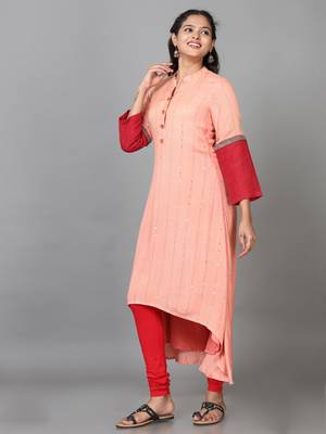 Hassu's women peach 3/4 sleeve rayon embroidered a-line calf length kurta 2