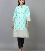 Hassu's women light green 3/4 sleeve cotton printed straight knee length kurta