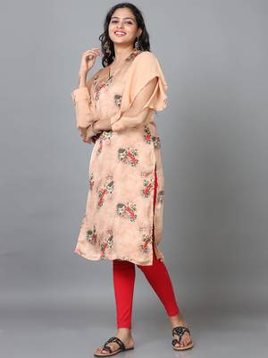 Hassu's women peach 3/4 sleeve crepe printed straight knee length kurta 2