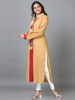 Hassu's women gold full sleeve rayon solid straight calf length kurta 2