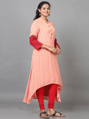 Hassu's women peach 3/4 sleeve rayon embroidered a-line calf length kurta 3