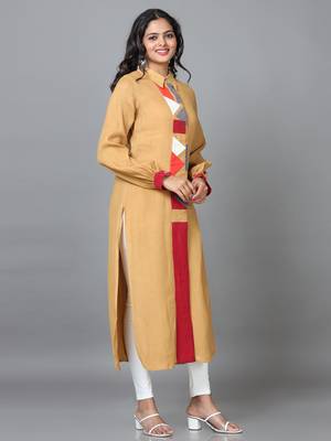 Hassu's women gold full sleeve rayon solid straight calf length kurta 3