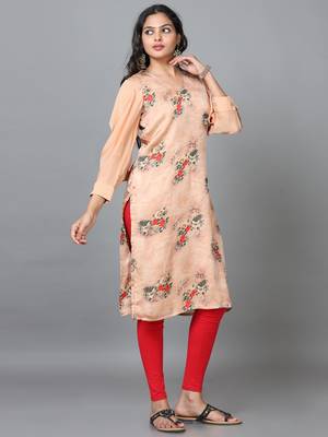 Hassu's women peach 3/4 sleeve crepe printed straight knee length kurta 3