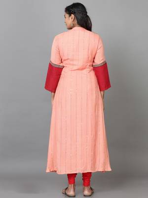 Hassu's women peach 3/4 sleeve rayon embroidered a-line calf length kurta 4