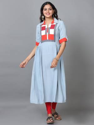 Hassu's women light blue elbow length sleeve georgette solid a-line calf length kurta 1