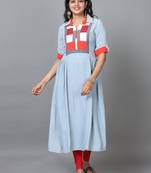 Hassu's women light blue elbow length sleeve georgette solid a-line calf length kurta
