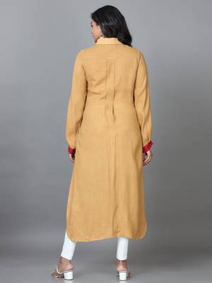 Hassu's women gold full sleeve rayon solid straight calf length kurta 4