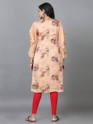 Hassu's women peach 3/4 sleeve crepe printed straight knee length kurta 4