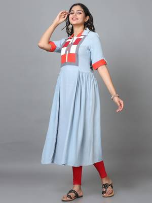 Hassu's women light blue elbow length sleeve georgette solid a-line calf length kurta 2