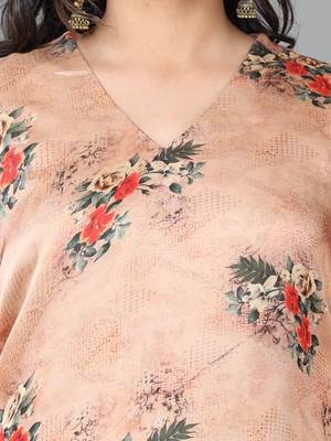 Hassu's women peach 3/4 sleeve crepe printed straight knee length kurta 5