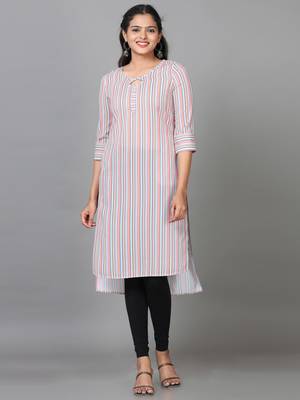 Hassu's women multicolored elbow length sleeve polyester striped straight knee length kurta 1