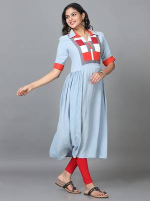 Hassu's women light blue elbow length sleeve georgette solid a-line calf length kurta 3