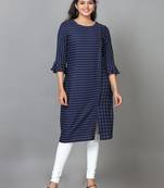 Hassu's women navy elbow length sleeve rayon striped straight knee length kurta