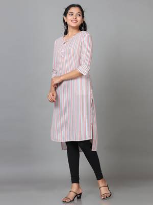 Hassu's women multicolored elbow length sleeve polyester striped straight knee length kurta 2