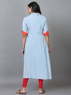 Hassu's women light blue elbow length sleeve georgette solid a-line calf length kurta 4