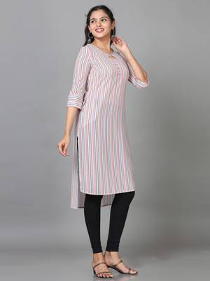 Hassu's women multicolored elbow length sleeve polyester striped straight knee length kurta 3