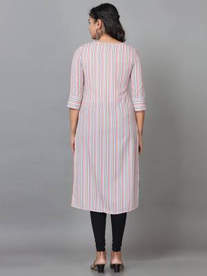 Hassu's women multicolored elbow length sleeve polyester striped straight knee length kurta 4