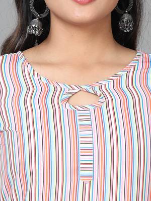 Hassu's women multicolored elbow length sleeve polyester striped straight knee length kurta 5