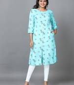 Hassu's women blue 3/4 sleeve viscose printed straight knee length kurta