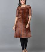 Hassu's women brown elbow length sleeve cotton striped straight knee length kurta