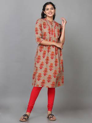 Hassu's women brown elbow length sleeve cotton printed a-line knee length kurta 1