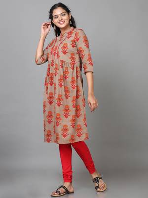 Hassu's women brown elbow length sleeve cotton printed a-line knee length kurta 2