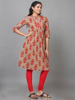 Hassu's women brown elbow length sleeve cotton printed a-line knee length kurta 3