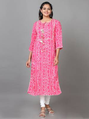 Hassu's women pink 3/4 sleeve cotton printed straight calf length kurta 1