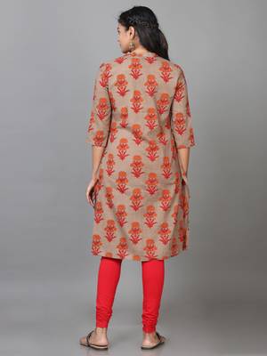 Hassu's women brown elbow length sleeve cotton printed a-line knee length kurta 4