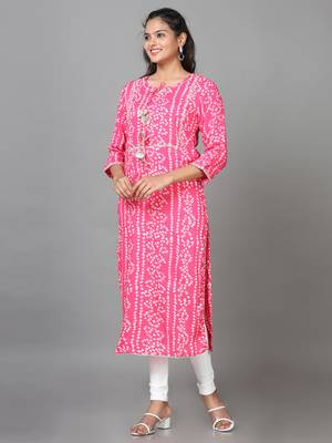 Hassu's women pink 3/4 sleeve cotton printed straight calf length kurta 2