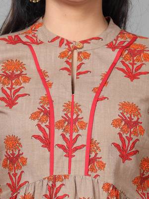 Hassu's women brown elbow length sleeve cotton printed a-line knee length kurta 5