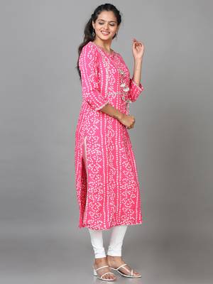 Hassu's women pink 3/4 sleeve cotton printed straight calf length kurta 3