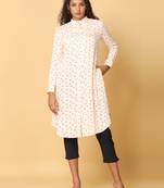 Hassu's women beige full sleeves rayon floral print pathani knee length mandarin collar kurta