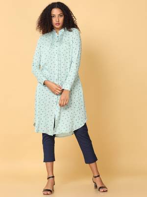 Hassu's women light green full sleeves rayon floral print pathani knee length mandarin collar kurta 1