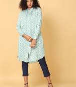 Hassu's women light green full sleeves rayon floral print pathani knee length mandarin collar kurta