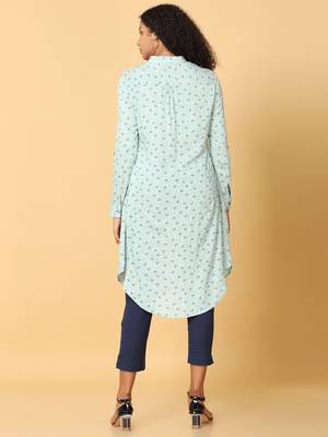 Hassu's women light green full sleeves rayon floral print pathani knee length mandarin collar kurta 4