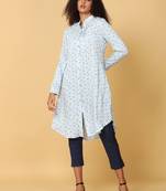 Hassu's women light grey full sleeves rayon floral print pathani knee length mandarin collar kurta