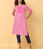 Hassu's women pink 3/4th sleeves rayon geometric regular knee length jewel neck kurta