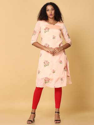 Hassu's women safron 3/4th sleeves crepe floral embroidery regular calf length jewel neck kurta 1