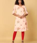 Hassu's women safron 3/4th sleeves crepe floral embroidery regular calf length jewel neck kurta