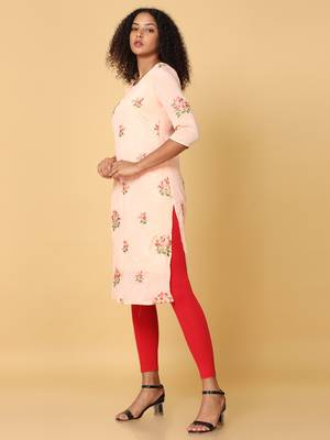 Hassu's women safron 3/4th sleeves crepe floral embroidery regular calf length jewel neck kurta 2