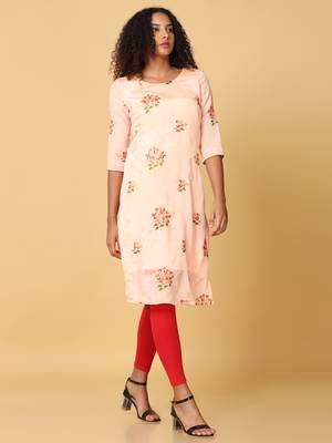 Hassu's women safron 3/4th sleeves crepe floral embroidery regular calf length jewel neck kurta 3