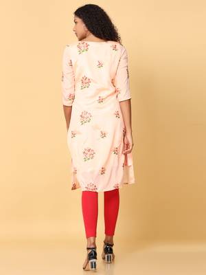 Hassu's women safron 3/4th sleeves crepe floral embroidery regular calf length jewel neck kurta 4