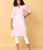Hassu's women pink 3/4th sleeves rayon floral print regular calf length v neck kurta