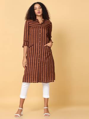 Hassu's women brown 3/4th sleeves cotton geometric regular calf length mandarin collar kurta 1