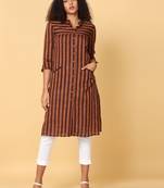 Hassu's women brown 3/4th sleeves cotton geometric regular calf length mandarin collar kurta